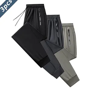 3Pcs Ice Silk Sports Pants Set with Drawstring Elastic Design Zippered Pockets Quick-Dry High-Elastic Fitness Trousers for Indoor Outdoor Sports