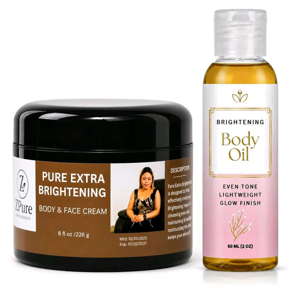 Skin Care 2-Piece Body Care Set - 8 oz Pure Extra Brightening Silky Moisturizer Lotion for Face & Daily Use, 2 oz Shine-Enhancing Radiant Smooth Cosmetic Oil Bundle