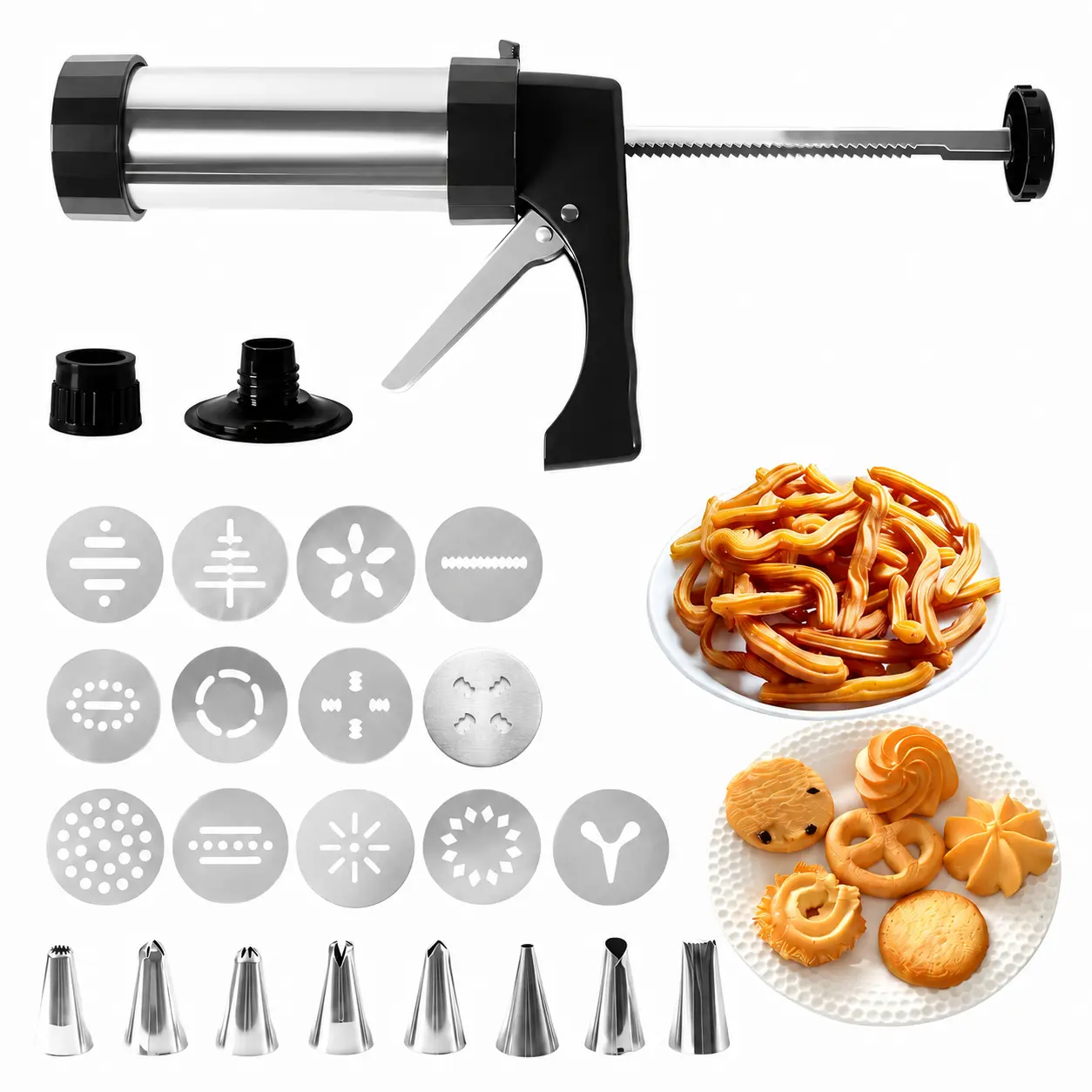 Easy-Use Stainless Steel Cookie Press Gun | 13 Discs 8 Tips | Quick DIY Biscuit Churro Maker for Beginner Baking Supplies