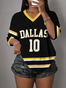 Women's Casual Sporty V-Neck Top, Number 10 Dallas Print T-Shirt, Campus Style, Loose Fit, Vintage Schoolgirl Shirt