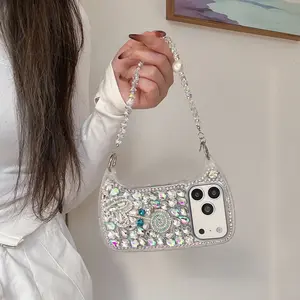 Fashion Luxury Bag Design Phone Case, 3D Glass Rhinestone Heart Lollipop, Includes Sparkling Pearl Bracelet, Fits iPhone 13/14/15/16/17 Pro/plus/max, Accessories