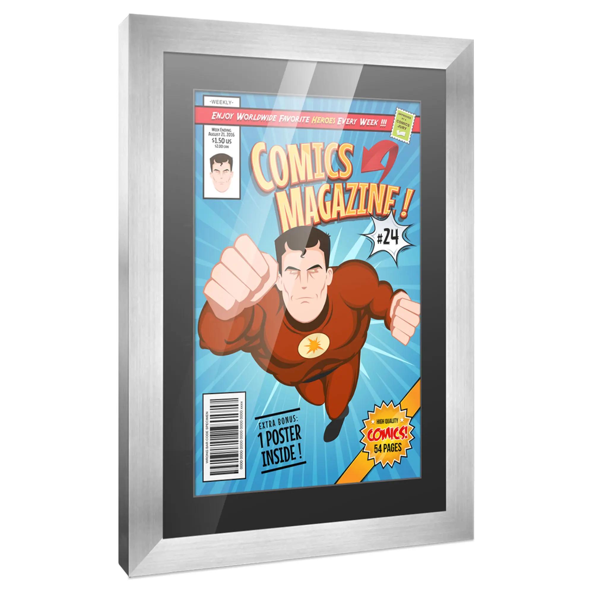Comic Book Frame with Mat for 1 Silver Age Comic Published Between 1956 and 1970 - Silver Wood Comic Frame With Black Mat for 7.125x10.5 Comic - 10x14 Frame Size