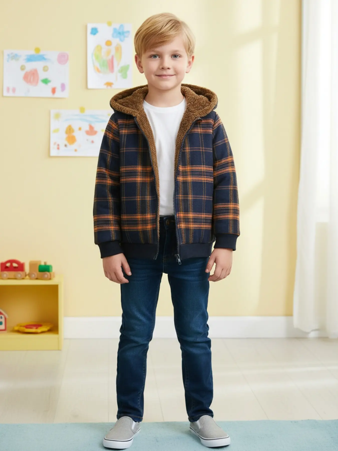 Boy's Plaid Print Zip Up Hooded Jacket Coat, Casual Long Sleeve Thermal Lined Outerwear for Fall & Winter, Kids Clothes for Daily Wear, Hooded Warm Coat, Casual Zipper Coat