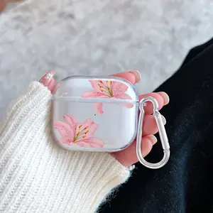 Minimalist Retro Lily Pattern TPU Soft Protective Case for Apple AirPods 4/3/2/1/Pro/Pro2 Transparent Earphone Cover with Keychain Attachment