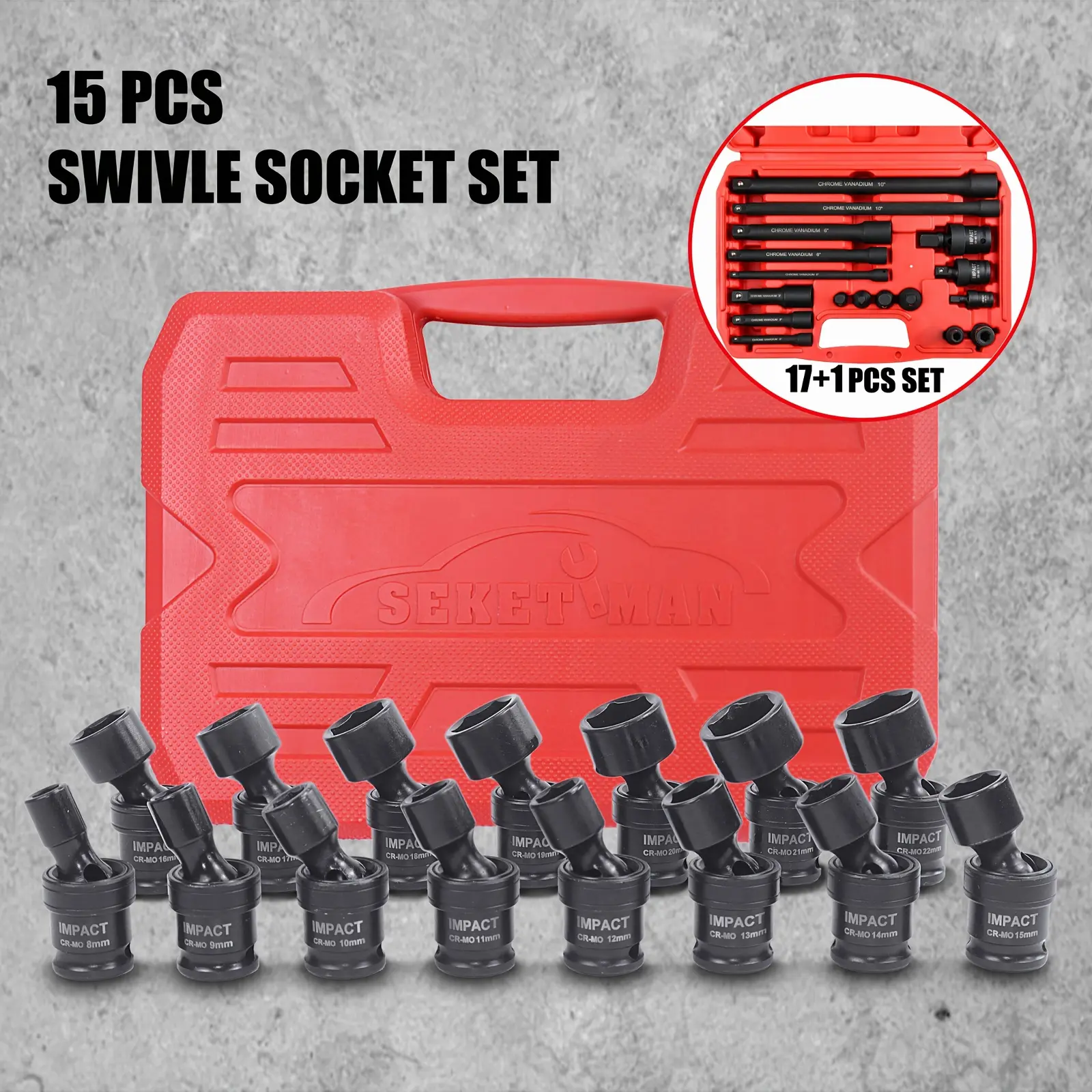 SEKETMAN 15pcs Impact Swivle Socket Set/17+1pc Accessory Set, 3/8" Dr, 8mm-22mm, Impact Universal Socket Set, Cr-mo Steel With Black Phosphate. Professional For Home Repairing And for home