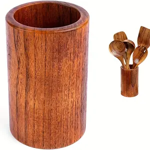 Elegant Natural Acacia Wood Kitchen Utensil Holder - 5.8 x 3.7 Inch, Sleek Countertop Organizer for Spoons, Spatulas, Spurtles & Skimmers with Cylindrical Design, Utensils for Kitchen