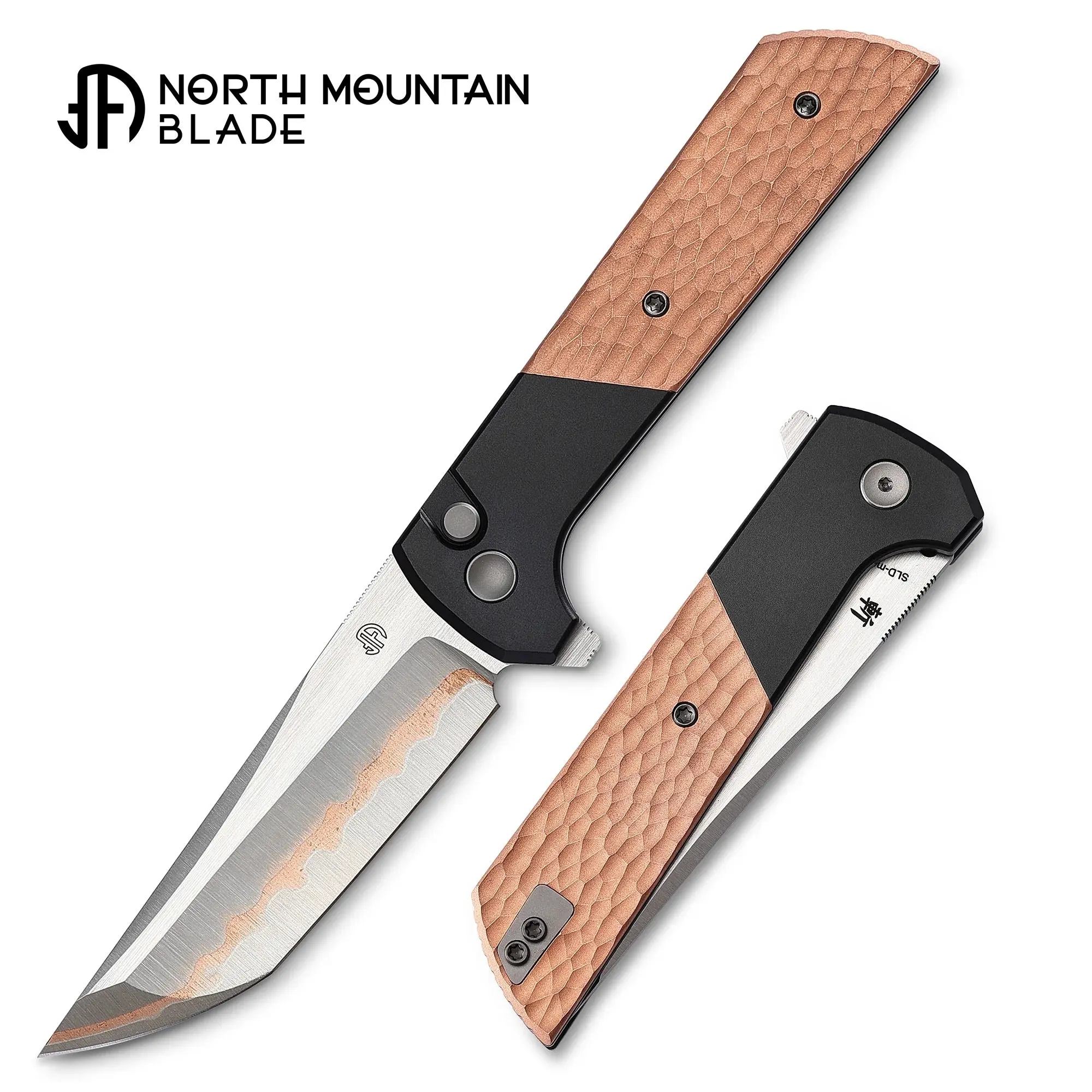 North Mountain Blade CHOP 2 Folding Knife - Copper Forged SLD-Magic Blade, Aluminum + Copper Hammer Pattern Handles, Button Lock - Lightweight EDC Portable Pocket Knife