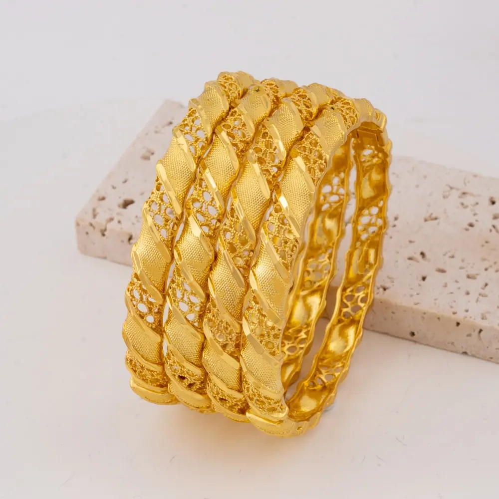 2pcs Women's Luxury 24k Electroplated Copper Alloy Bangle Bracelet with Bohemian Style Hollow Out Pattern Adjustable Opening Design, Suitable for Party, Holiday, Wedding, Can be Used as Mother, Wife, Girlfriend Gift. trendy  gold trending exquisite plated
