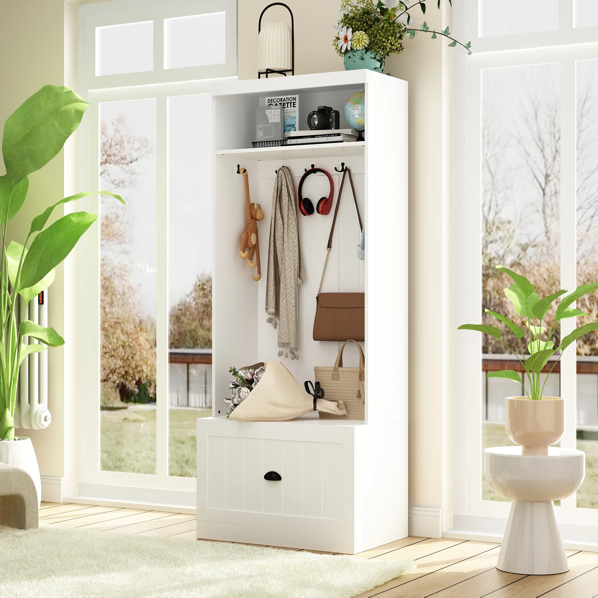 FUFU&GAGA Wood 3-in-1 Entryway Hall Tree - Shoe Bench, Coat Rack, 4 Hanging Hooks, Upper Open Shelf, Large Storage Drawer, 2 Storage Compartments, 17.7*27.7*13.4 Inches, 5 - 10 Kg Capacity, Assembly Required, Classic
