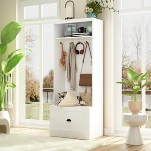 FUFU&GAGA 3 in 1 Entryway Hall Tree with Shoe Bench and Coat Rack, Hall Tree with Large Storage Drawer, 4 Hanging Hooks & Upper Open Shelve