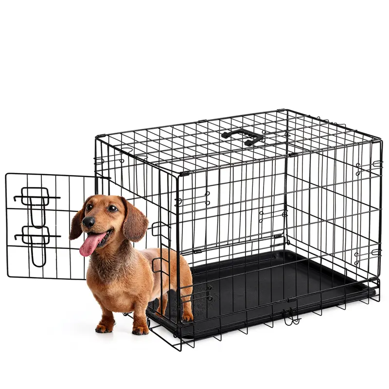Sweetcrispy High-Quality Iron Frame Durable Metal Dog Crate - Fold-Flat Collapsible Single Unit (18in/24in Small/Medium), Left Door, Secure Lock, Grid Mesh, Easy to Clean with Removable Tray, Portable Puppy Training Aid for Home & Travel