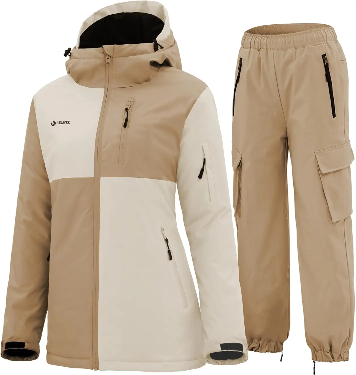 GEMYSE Women's Professional Waterproof Warm Ski Suit Set, Multi-Pocket Outdoor Sports Jacket with Adjustable Hood and Snow Skirt