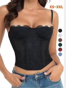 Sexy Low Back Lace-Up Bodysuit Top, Slim-Fit Flocking Adjustable Design, Outerwear Women's Shapewear Tank Top, Lace Corset Bodysuit, Fashionable Party Wear
