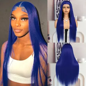 Women's 28-Inch Dark Navy Blue Long Straight Synthetic Fiber Lace Front Wig, Aodbar, 13*4 Transparent Lace, Heat Resistant, Glueless Installation, Mimic Natural Appearance, Synthetic Fibers
