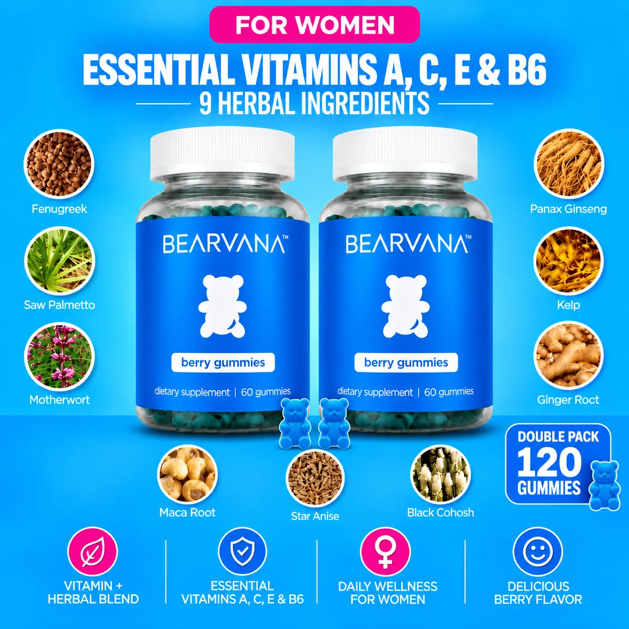 BEARVANA Women’s Wellness Gummies | 9 Herbal Ingredients + Vitamins A, C, E & B6 | Berry Flavor | 2 Bottle Pack | 120 Gummies | Meet Your New Daily Gummies