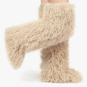 Women's Knee-High Furry Snow Boots Outdoor High-Cut Ski Boots with Warm Long Faux Shearling Winter Trendy Fluffy Shoes for Snowy Days