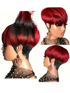 1B/Red Colored Wig Straight Wig Pixie Cut Wig for Women Full Machine Made Wig 150% Density 6 Inch Pixie Wigs