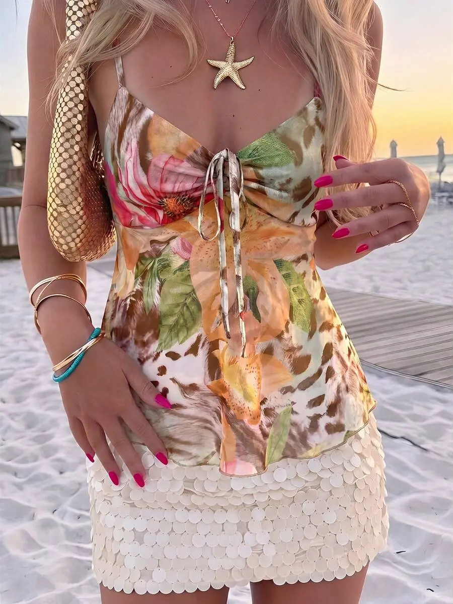 BOHO Spring/Summer Vacation Knit Mesh Printed Camisole Tank Top For Women