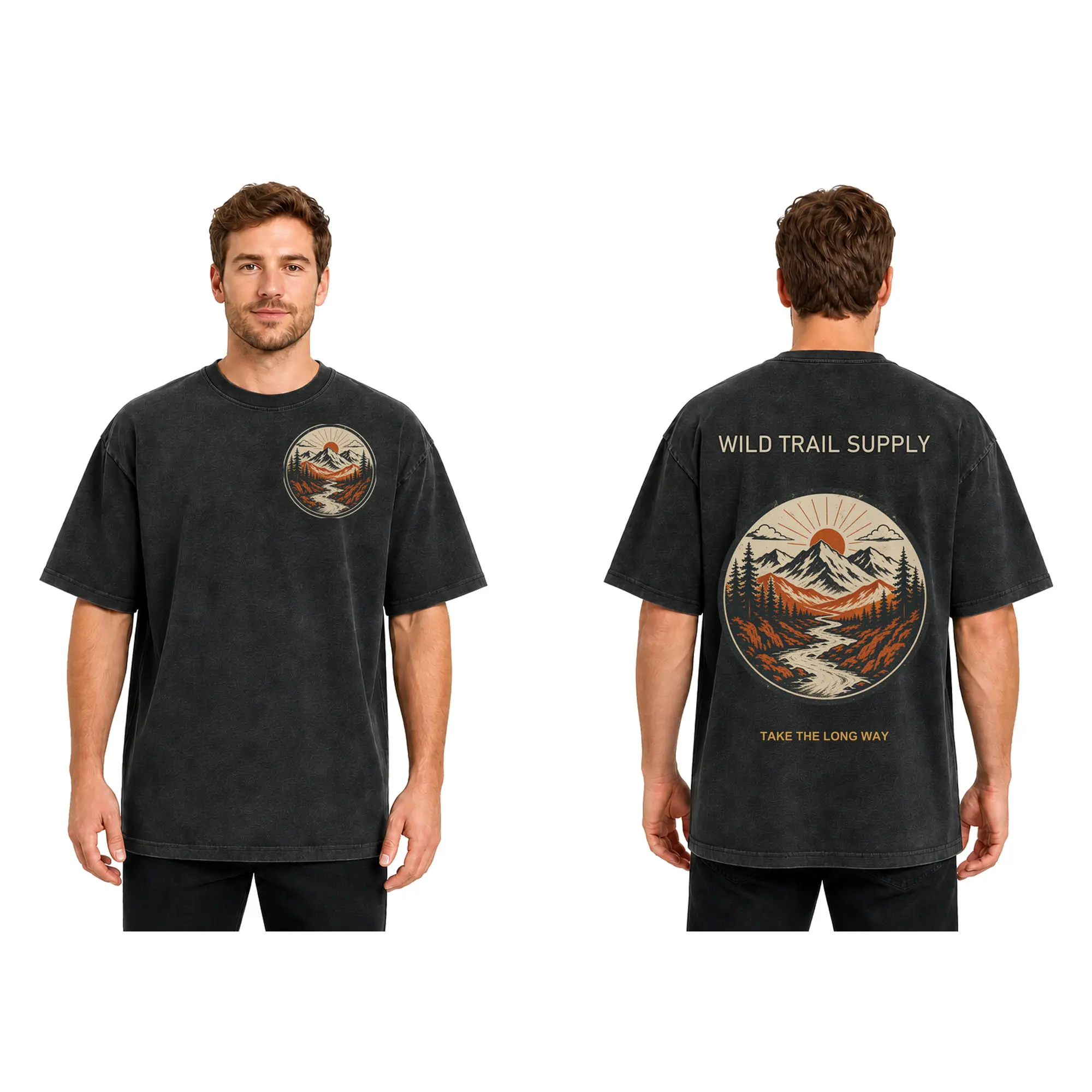 Men's Vintage Gorpcore 100% Cotton T-Shirt - Classic Menswear Apparel Clothes, Loose-Fit Shortsleeve, Washed Finish, Round Neck, Black, Mountain Print, River Graphic, "WILD TRAIL SUPPLY" Back Graphic, Wilderness Aesthetic Casual Top for Everyday Wear, Bas