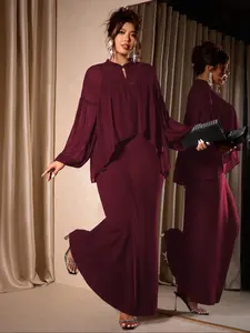 Elegant Plus Size Women's Stand Collar Lantern Sleeve Chiffon Top & Slim Long Skirt Set, American Style Formal Party, Irregular Hem Design