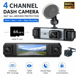 Wireless Dash Cam 4 Channel 360 Degree, Front Rear Left Right, GPS 5g WiFi, Night Vision, 160° Wide Angle, 24h Parking, 64GB Card Included