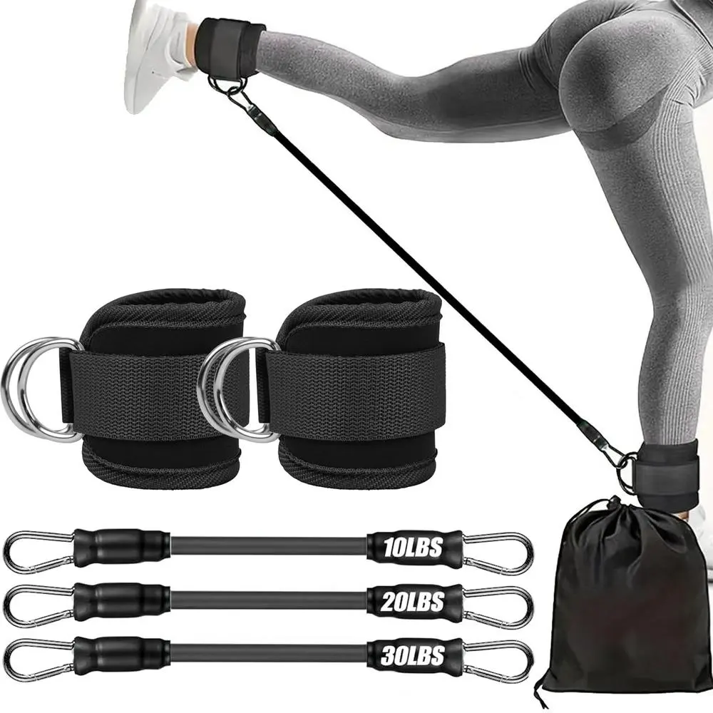 Ankle Cuff Resistance Bands Set, black firm ankle cuffs with triple-strength latex tubes, carry bag, sports accessories, neighborhood drills outdoor walking exercise tools