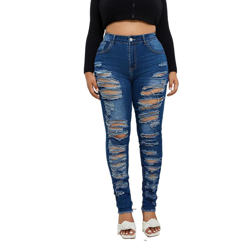 Women's Plus Size Stretchy Skinny  jeans in black Ripped Distressed Denim, Basic Style Ankle-Length Denim Pants