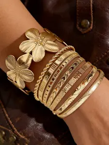 8-Piece Bracelet Set, Elegant Hollow Floral Open Adjustable Bangle, Women's Fashion Jewelry, Perfect for Daily Wear, Gifts