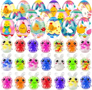 24 Pack Prefilled Easter Eggs with Squishy Squeeze Toys – Colorful Plastic Easter Egg Fillers, Stress Balls for Kids, Easter Basket Stuffers, Egg Hunt Party Favors, Classroom Prizes