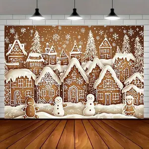 1pc 2D Flat Gingerbread Christmas Party Backdrop – Festive Snowy Village Scene with Gingerbread Houses & Snowmen, No Power Needed, Ideal for Living Rooms & Studios, Polyester Material, Holiday R Banners White