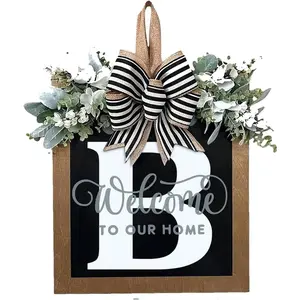 Personalized Initial Letter Last Name Front Door Wreath, All Year Round Eucalyptus Garland with Welcome Sign & Bow, Farmhouse Porch Decor for All Seasons Spring Summer Fall Halloween Christmas Holiday