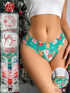 10-pack Christmas themed panties - Santa Claus, reindeer, gingerbread man fitted briefs suitable for Christmas, Halloween, Valentine's Day, and everyday autumn and winter wear for women.