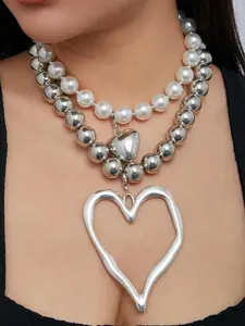 Mother's Day Gift Boho Style Chunky Hollow Out Love Heart Necklace with Faux Pearls Decor, Fashion Beaded Trendy Charm Necklaces for Women, Exquisite Jewelry for Birthday Gift, Valentine's