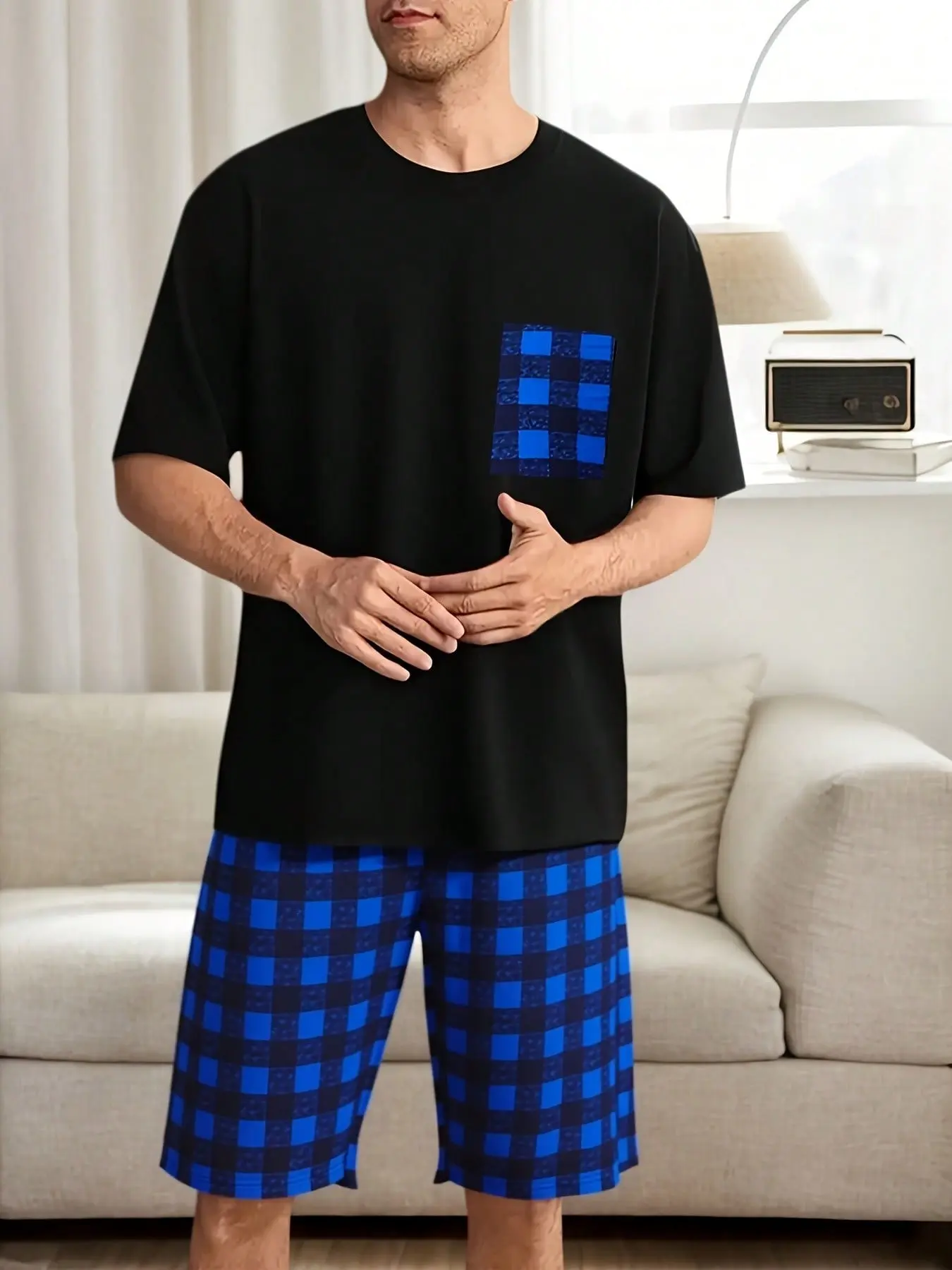 Men's Cartoon Print Short Sleeve Top Casual Sleepwear Loungewear Set, 2-Piece Checked Plaid Shorts Pajama Suit Pjs, Comfortable Nightwear for Men