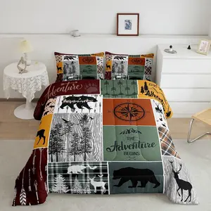 Feelyou Retro Rustic Cabin Lodge Comforter Set - Bear Deer Country Hunting Wild Animal Plaid Check Adventure Themed Bedroom Bedding, Decorative Comfy Bed Set, Bedroom Bedding Set, Decorative Bedding Set