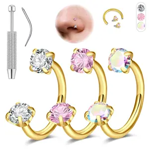 18G Horseshoe Nose Rings for Women, 6-8mm Horseshoe Piercing Jewelry Set Gold & Silver, Double Gem Horse Shoe Nose Rings Hoops Surgical Steel Cartilage Helix Tragus Earring Labret Lip With Tool