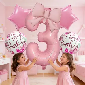 Pink Bow and Star Decorated Aluminum Foil Number Balloon Set Happy Birthday for Children's 1-9th Birthday Parties: Bow-Themed Decorations and Photo Backdrops