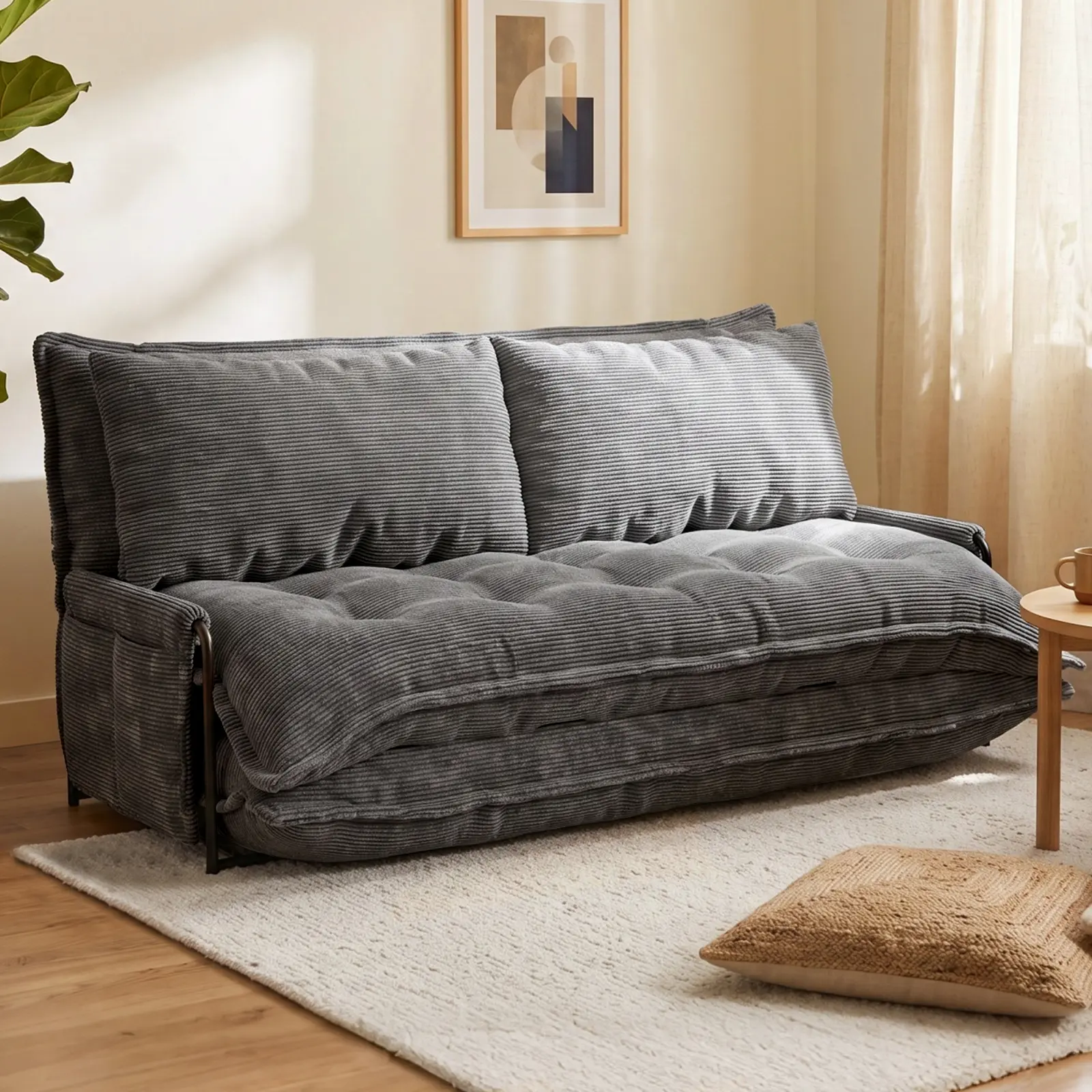 3-in-1 Adjustable Floor Sofa Bed – Convertible Lounger Couch with 5-Position Backrest, Comfy Corduroy Sleeper Sofa for Living Room, Apartment & Guest Room