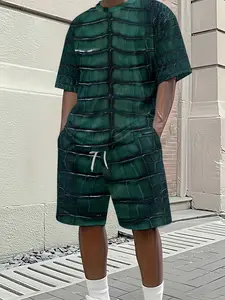 Men's 3D digital printed two-piece set with dark green crocodile pattern print, 2Pcs, trendy fashion suit, trendy retro casual two-piece outfit, vacation-style trendy wear, breathable sports casual style, perfect holiday gift for men