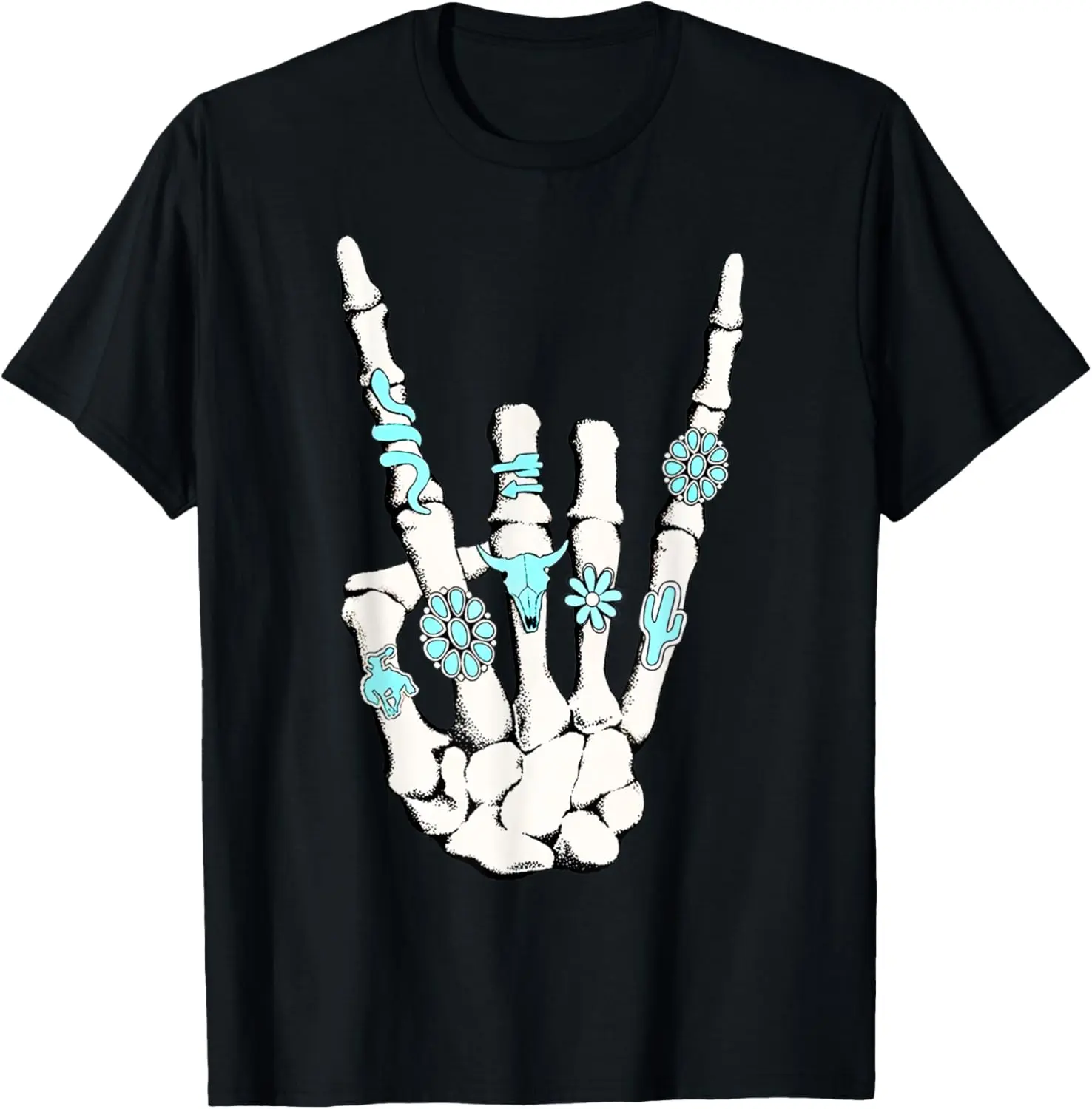Cotton(pure) Skeleton with Turquoise Hand Western Skeleton Rings Lover T-Shirt