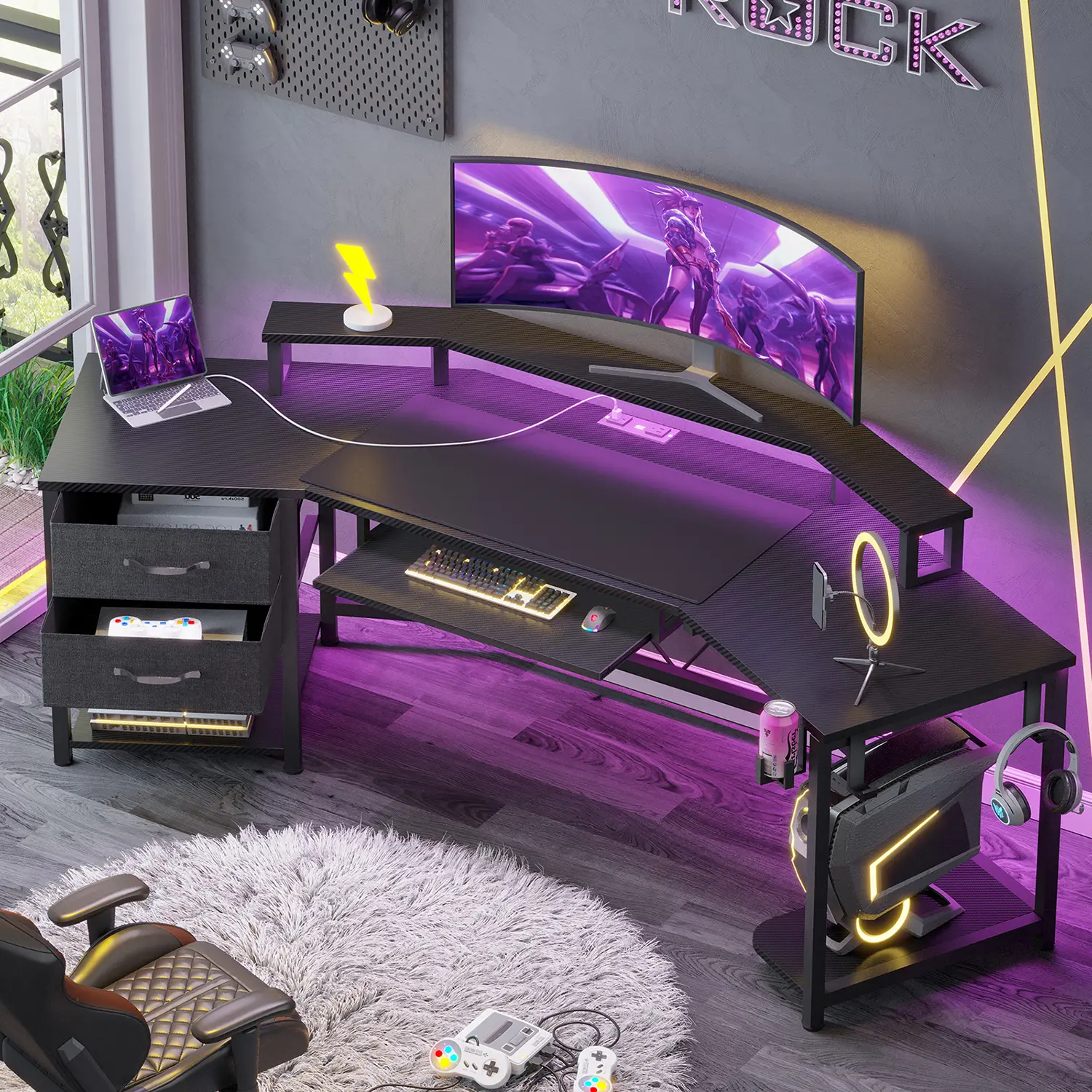 Sedeta 79" L-Shaped Sturdy Computer Desk - Carbon Fiber Office Furniture for WFH Setup, Desks for Gaming, Child, Monitor Shelf, Large Workspace, Ergonomic Design, Mousepad, Multi-Drawer