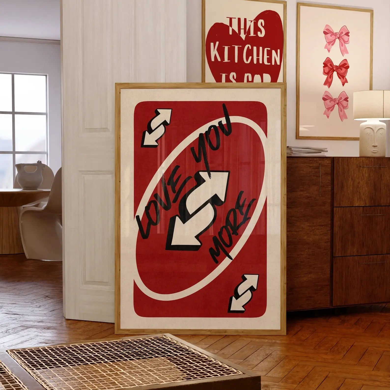 Retro Color "Love You More" Uno Reverse Playing Card Wall Art Print - Unframed Waterproof Poster with Wardrobe, Plaid, Polka Dot, Houndstooth, Marble Accents, Multi-Size Heart-Themed Girly Preppy Art, Valentine's Day Home Decor for Room, Star, Stripes