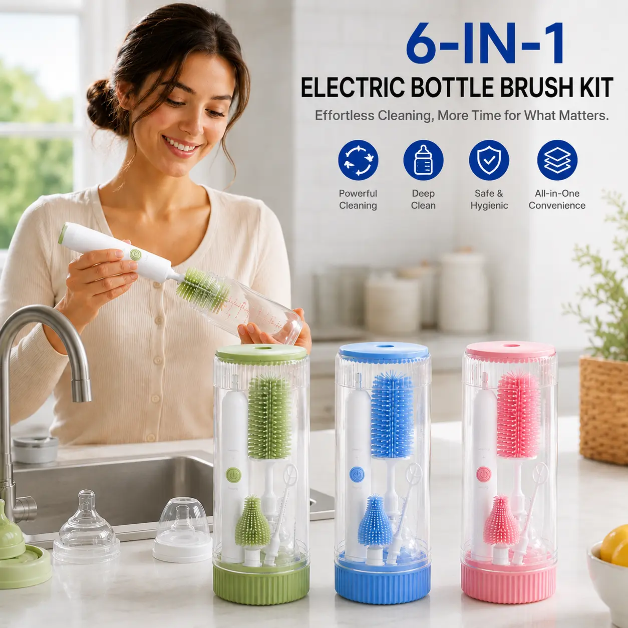 HAUTURE UV Electric Baby Bottle Brush, Rechargeable 360° Bottle Cleaner for Newborn Essentials, Deep Cleaning Brush Set for Bottles, Nipples & Breast Pump Parts, Easy One-Hand Cleaning
