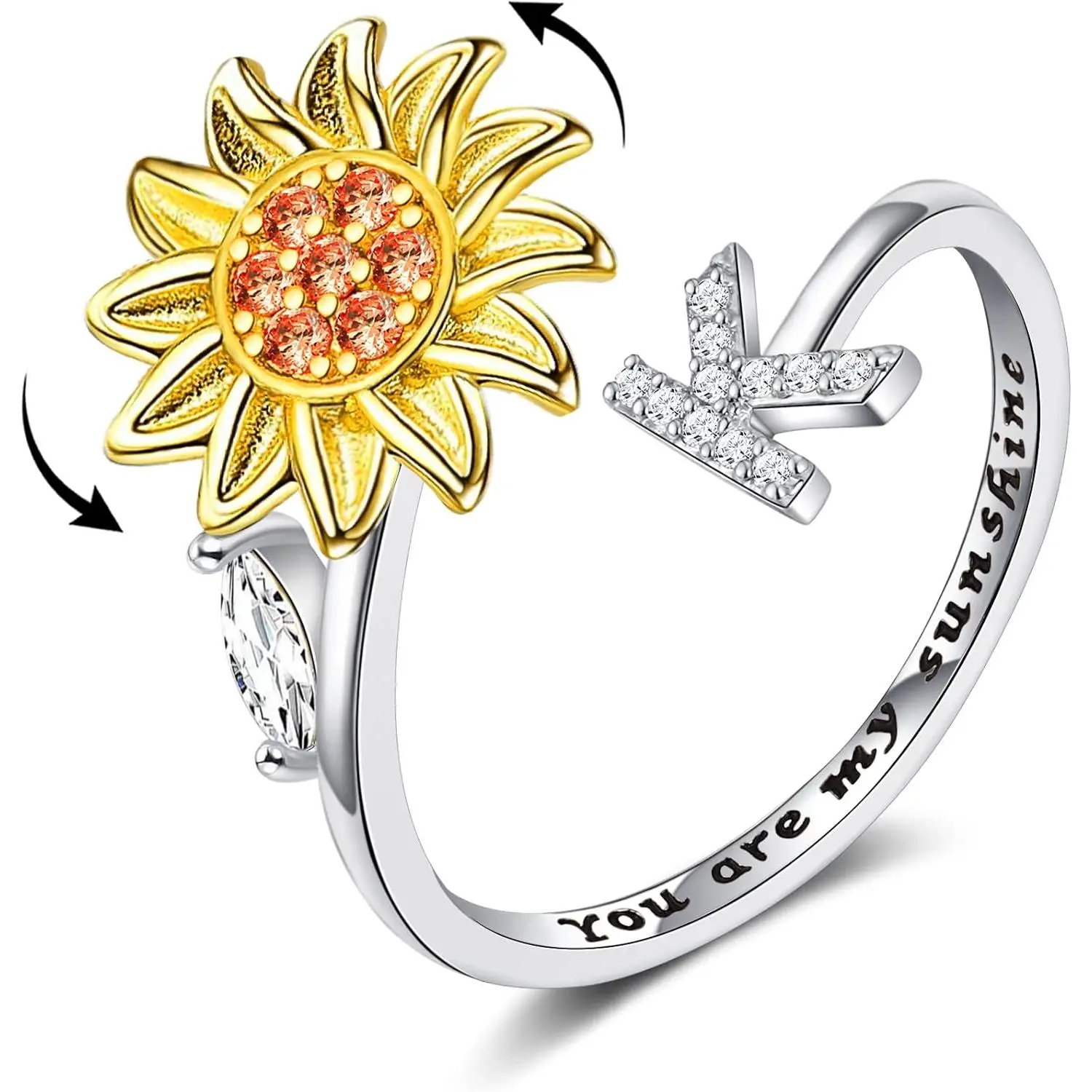 Fidget Rings for Anxiety for Women Sunflower Initial Letter Spinner Open Adjustable Ring CZ Daisy Stress Relieving Rings Jewelry Gift for Women Valentine's Day You are My Sunshine Ring