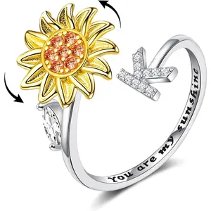 Graduation Gift Fidget Rings for Anxiety for Women Sunflower Initial Letter Spinner Open Adjustable Ring CZ Daisy Stress Relieving Rings Jewelry Gift for Women Valentine's Day You are My Sunshine Ring