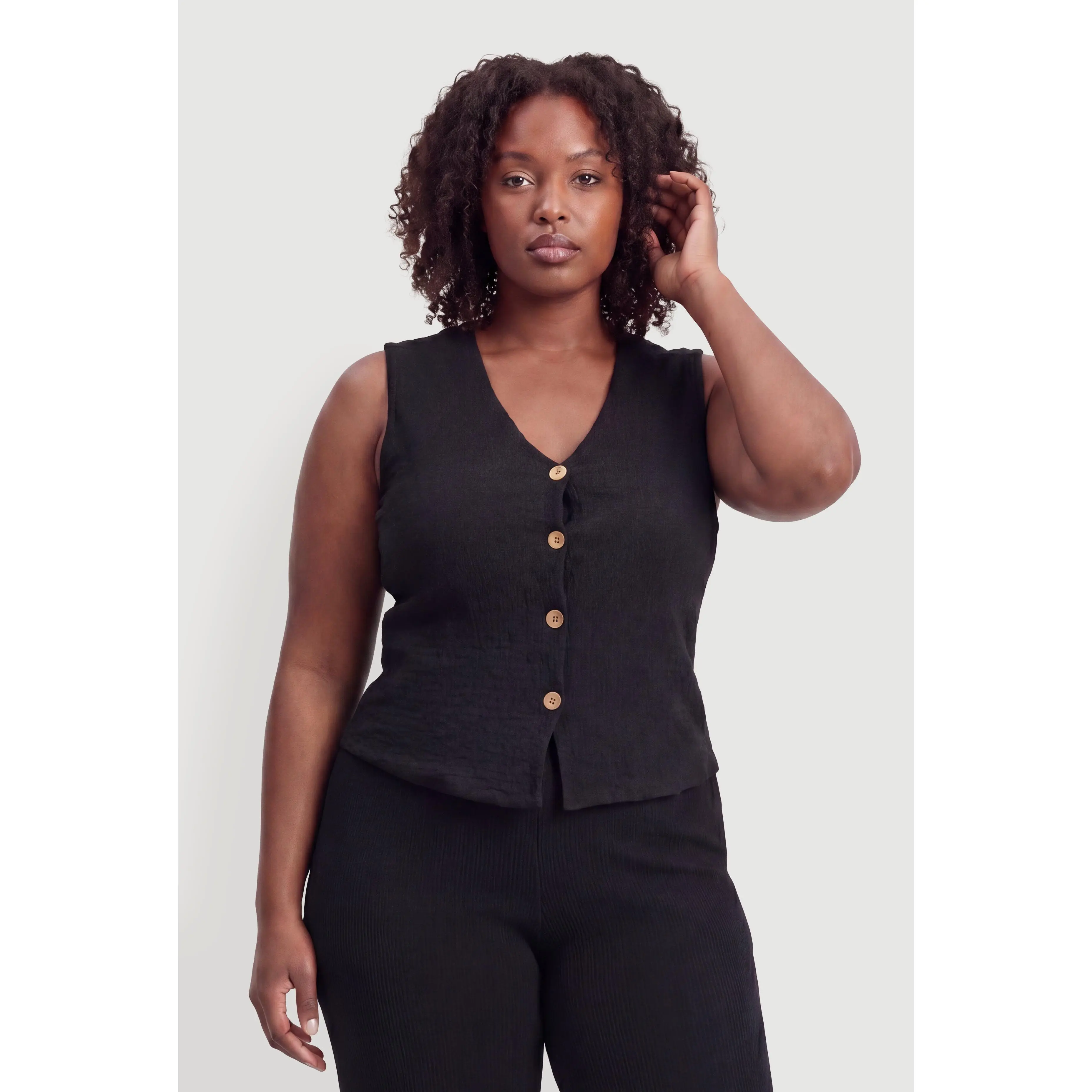 Plus Size Textured Knit Button Front Vest