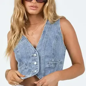 Women's denim underwear button down denim vest sexy sleeveless denim crop top low cut strapless jeans summer crop top women's gift