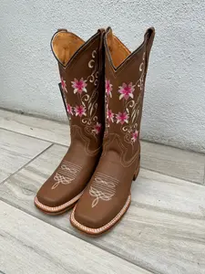 WOMENS COWGIRL Boots Authentic Western Cowboy Cowgirl Square Toe Embroidery Flowers Boots Rodeo Botas vaqueras para mujer Tan and Pink