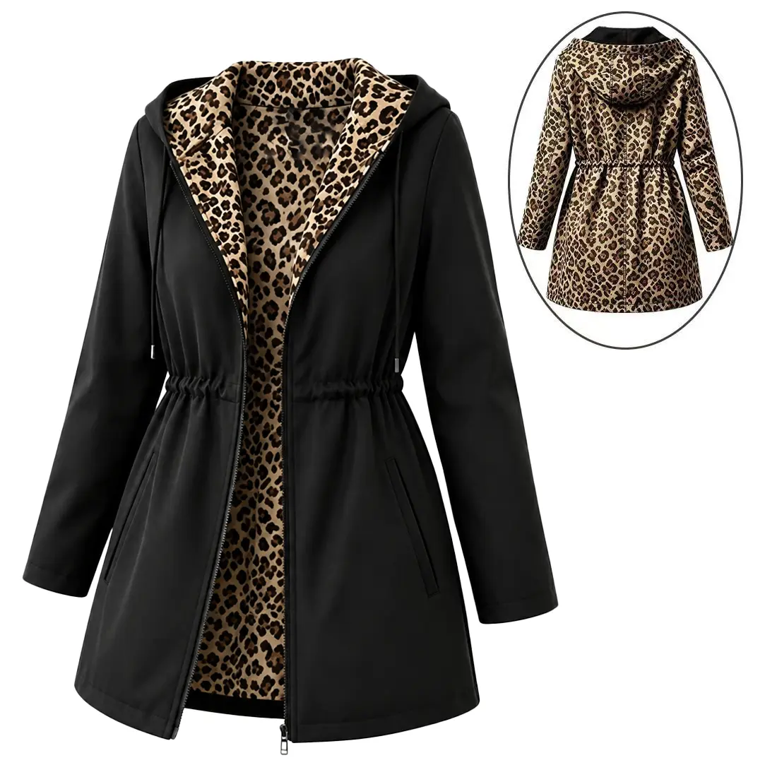 Women’s reversible lightweight hooded jacket with leopard print, adjustable waist, zip closure, casual long sleeves—autumn outerwear