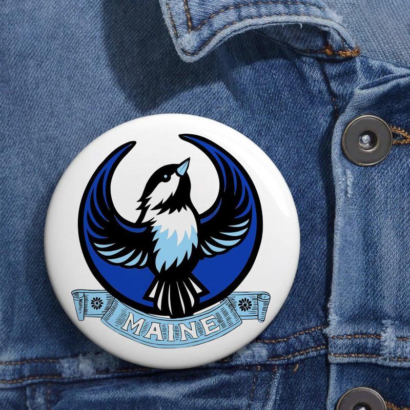 Maine Eagle Graphic Button Pin, Vintage Style Round Badge, Backpack Hat Jacket Accessory